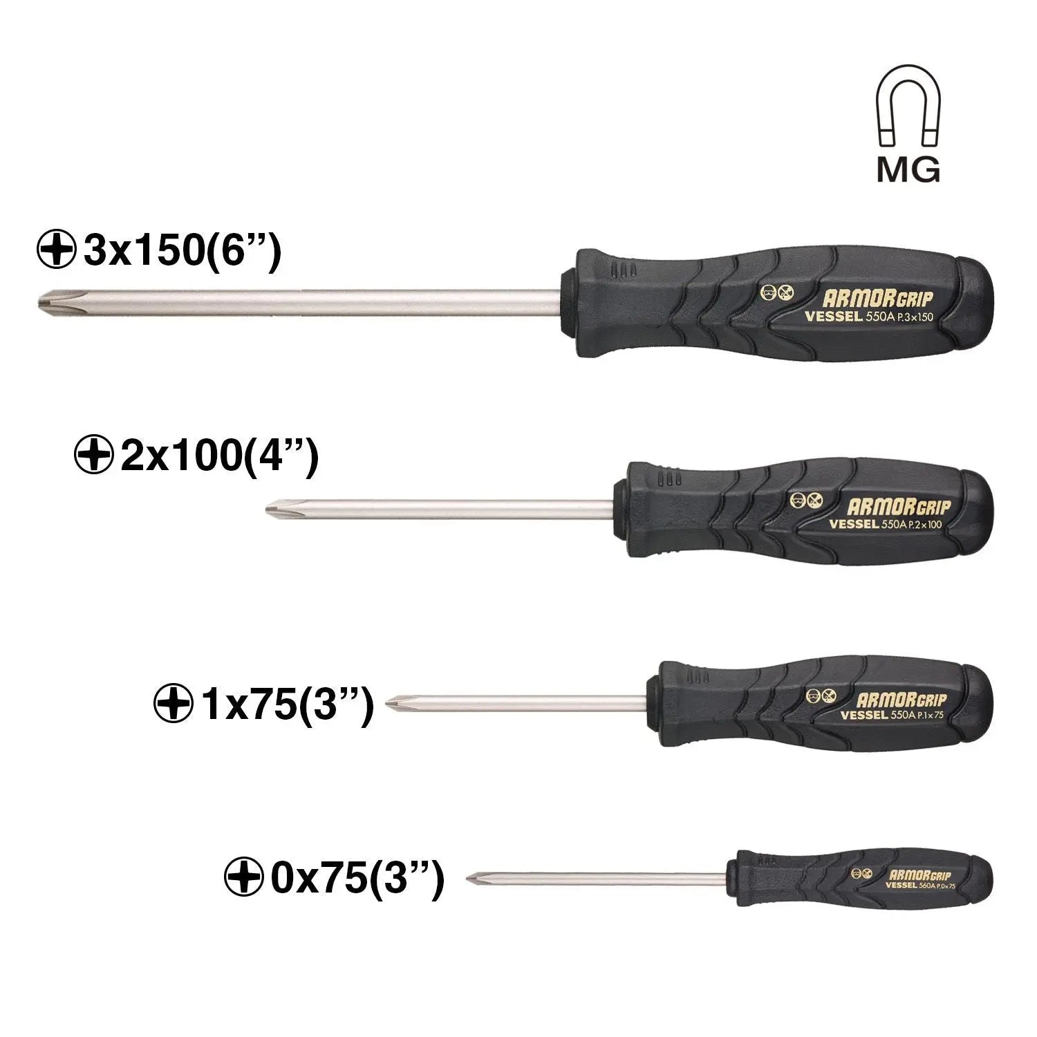 Vessel Tools Set of 4 Armor Grip Screwdriver - VL 550APH4PBU Vessel Tools