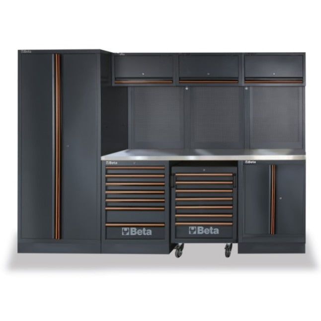 Beta Tools C45PROX+MA Garage Tool Storage Cabinet System with Stainless Steel Coated Worktop, 116.34 in L x 19.49 in D x 78.74 in H - BT 045001997