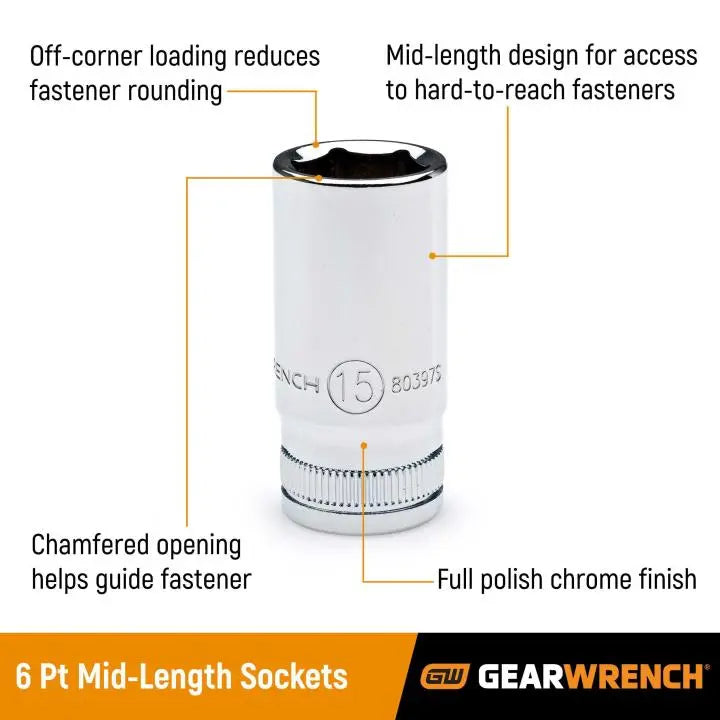 GEARWRENCH 1/4 in Drive 6-Point Mid Length SAE Socket, 9/16 in - GW 80124S-06 Socket GEARWRENCH