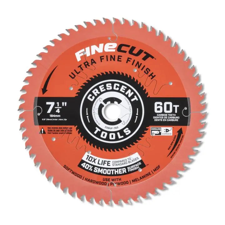 CRESCENT FineCut Ultra Fine Finishing Circular Saw Blade, 7-1/4 in x 60-Tooth - GW CSBUF-760 Saw Blade CRESCENT