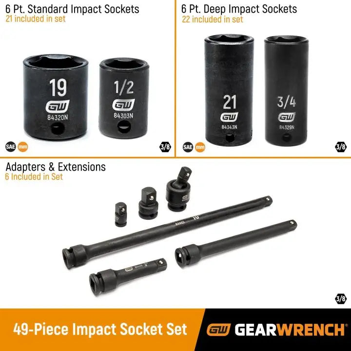 GEARWRENCH Set of 49 3/8 in Drive 6-Point Standard, Deep SAE/Metric Impact Sockets - GW 86533 Socket Set GEARWRENCH