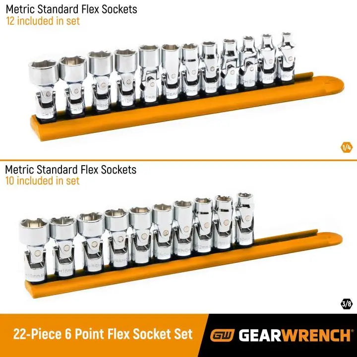GEARWRENCH Set of 22 1/4 in, 3/8 in Drive 6-Point Metric Flex Sockets - GW 86539 Socket Set GEARWRENCH
