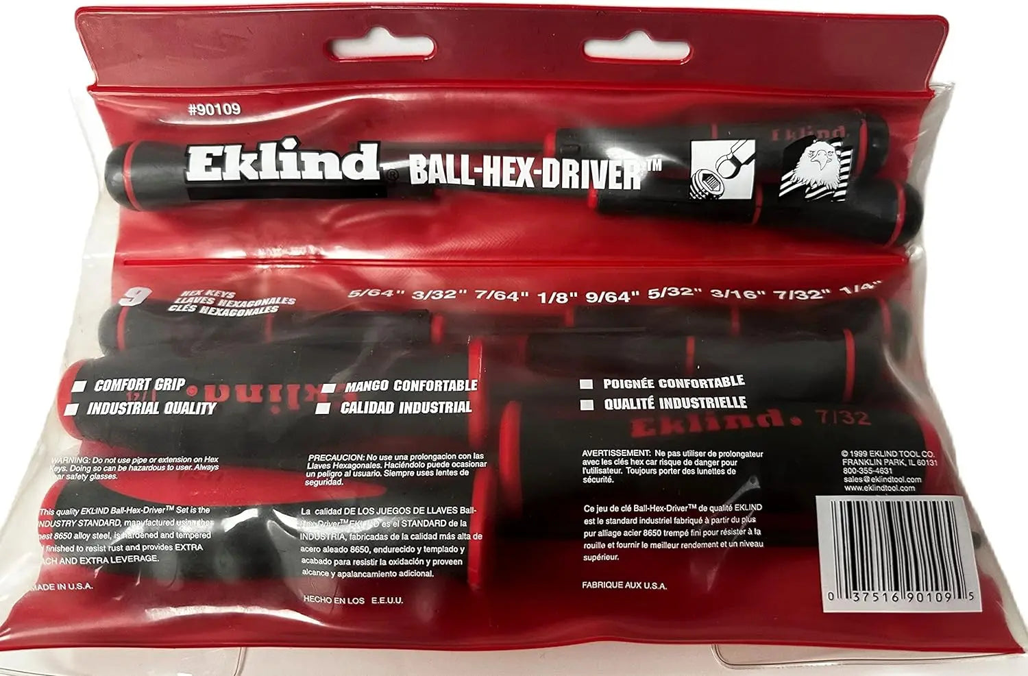 Eklind Set of 9 SD Series Ball End Hexagon Screwdriver 5/64 - 1/4 in with Pouch - EK 90109 Screwdriver Set Eklind