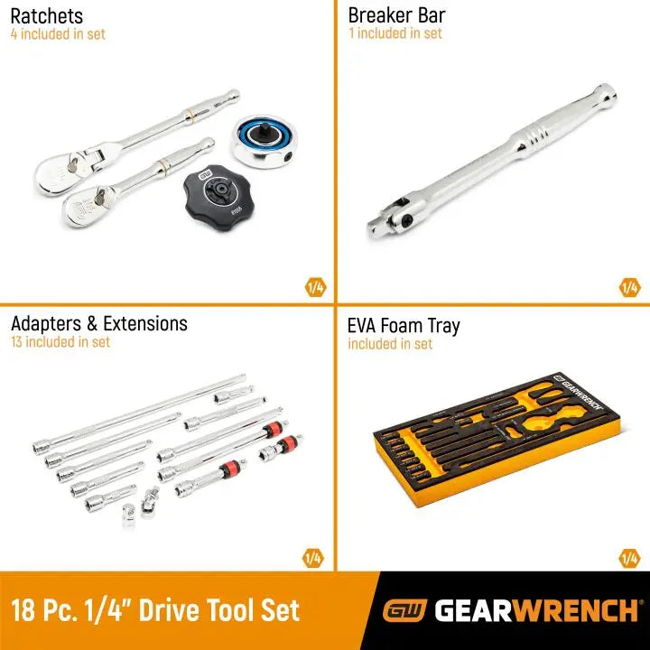 GEARWRENCH Set of 18 1/4 in Drive 90-Tooth Ratchet and Drive Tools in Foam Storage Tray - GW 86520 Tool Set GEARWRENCH