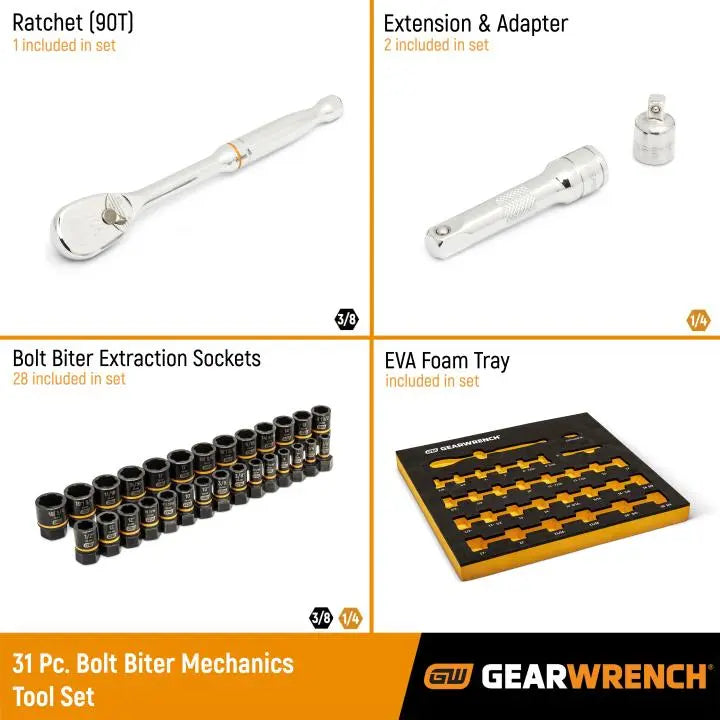 GEARWRENCH Set of 31 3/8 in Drive 90-Tooth Ratchet and Bolt Biter Sockets in Foam Storage Tray - GW 86525 Socket Set GEARWRENCH