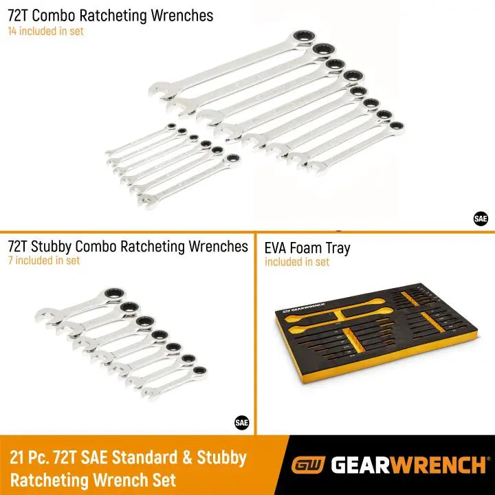 GEARWRENCH Set of 21 72-Tooth 12-Point Standard Stubby SAE Ratcheting Combination Wrenches in Foam Storage Tray - GW 86526 Wrench Set GEARWRENCH