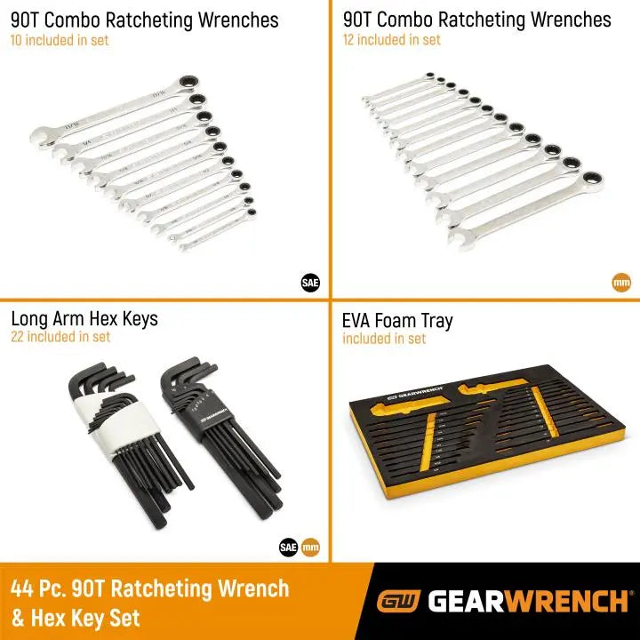 GEARWRENCH Set of 44 90-Tooth SAE/Metric Combination Ratcheting Wrench and Long Arm Hexagon Keys in Foam Storage Tray - GW 86528 Tool Set GEARWRENCH