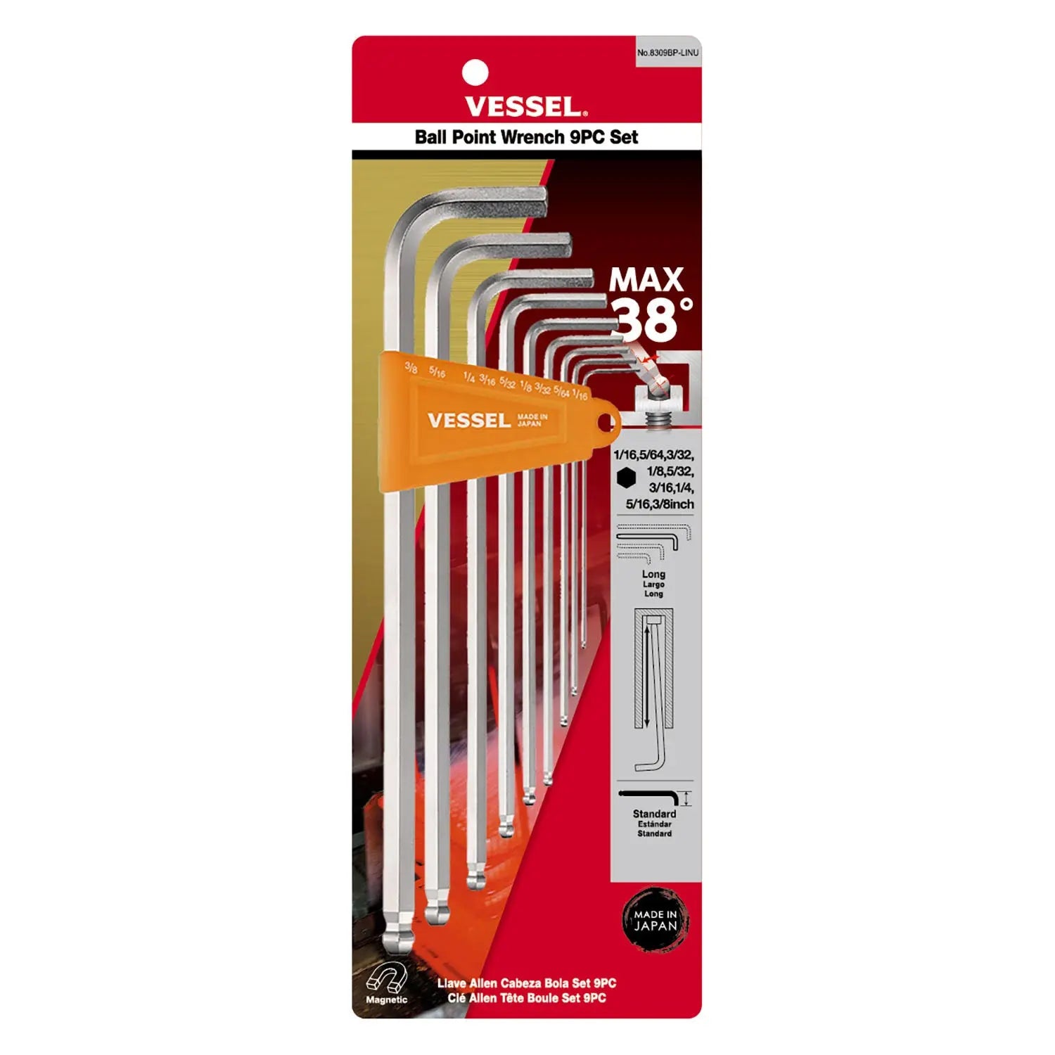 Vessel Tools Set of 9 Ball Point Long Wrench, 1/16 - 3/8 in - VL 8309BPLINU Vessel Tools