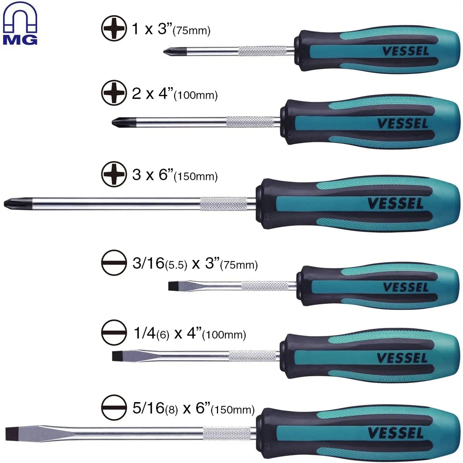 Vessel Tools Set of 6 Megadora Screwdriver - VL 9006PB Vessel Tools