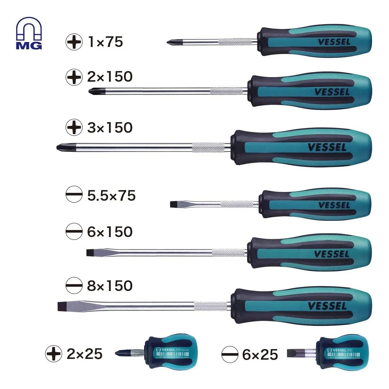 Vessel Tools Set of 8 Megadora Jawsfit Screwdriver - VL 9008EVA Vessel Tools