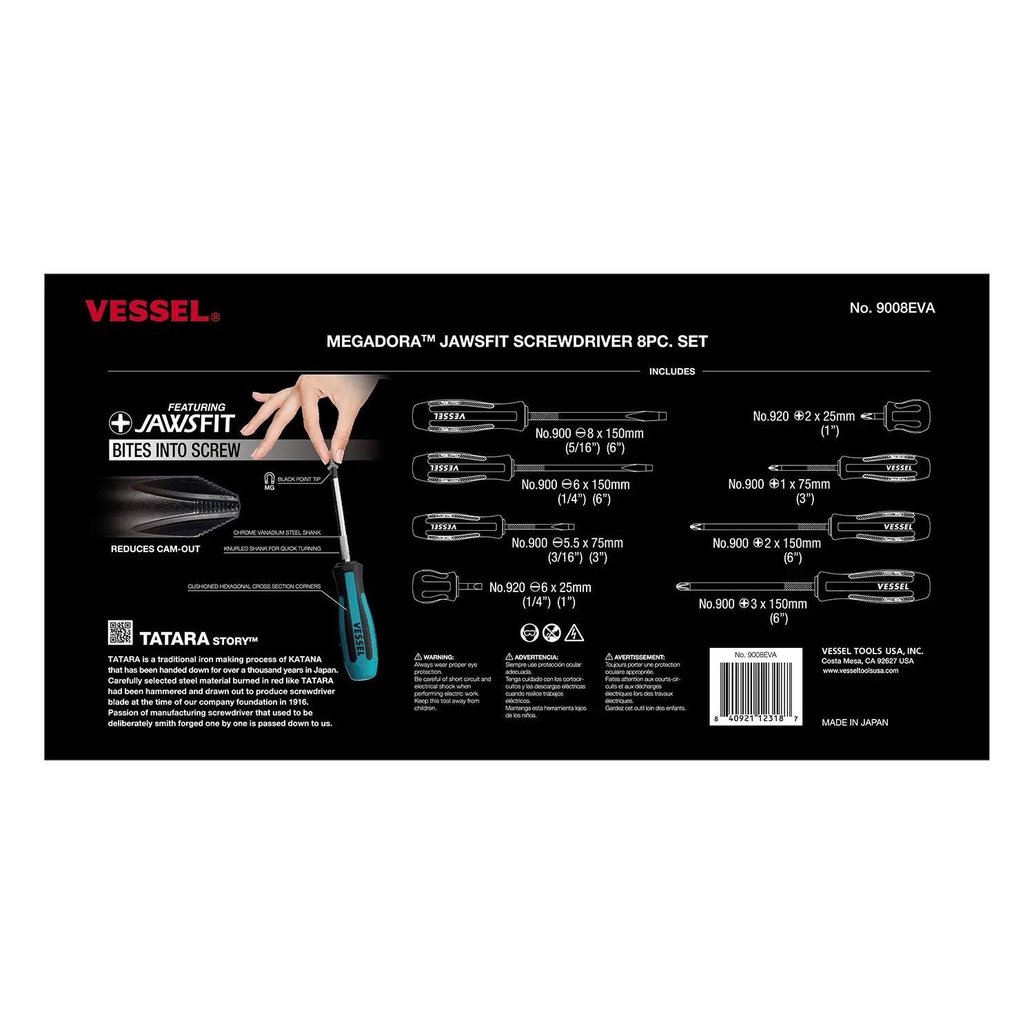 Vessel Tools Set of 8 Megadora Jawsfit Screwdriver - VL 9008EVA Vessel Tools