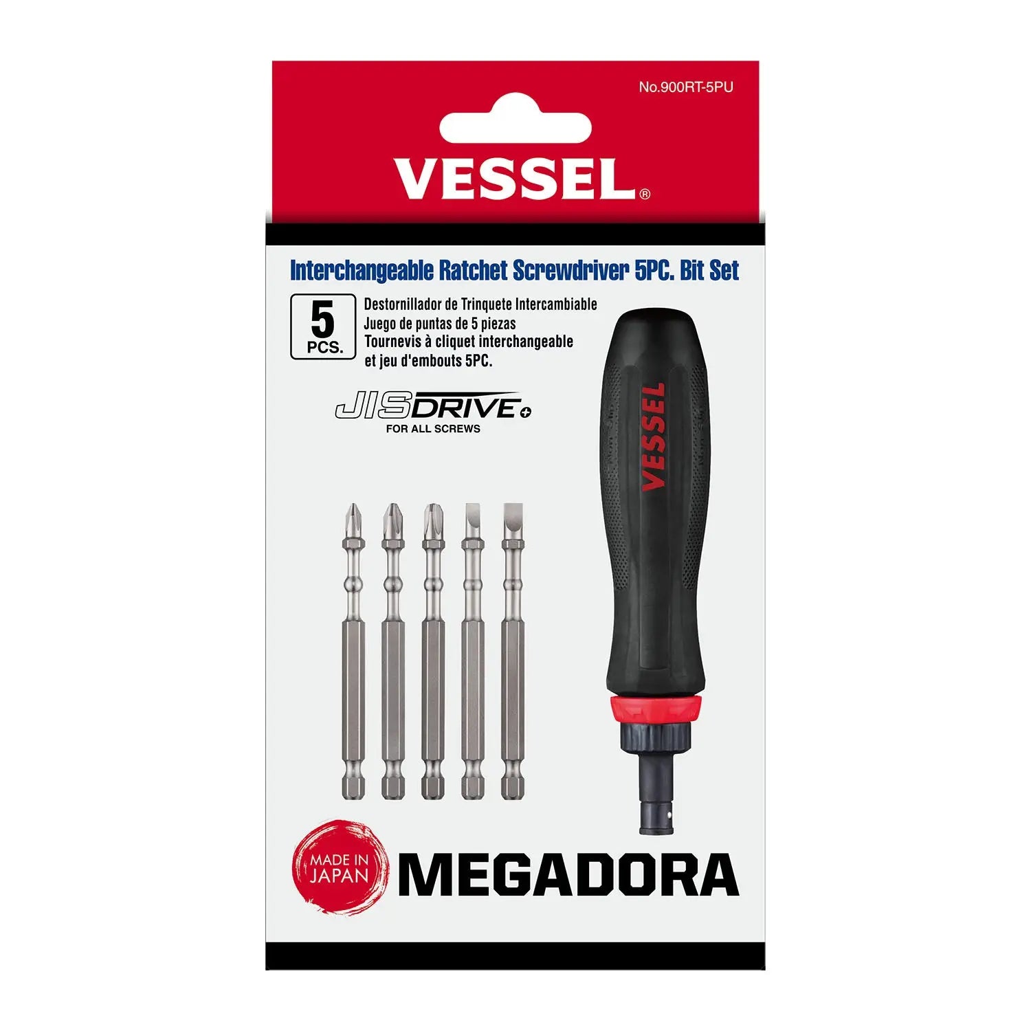 Vessel Tools MEGADORA Interchangeable Ratchet Screwdriver with 5-Piece Bit Set - VL 900RT5PU