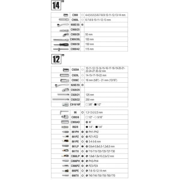 Beta Tools (Article# 903E/C98) Set of 98 Socket 45-1/4 in - 1/2 in Hand Sockets, 35 Bits, Offset Hexagon Key, 14 Accessories - BT 9031098 Beta Tools