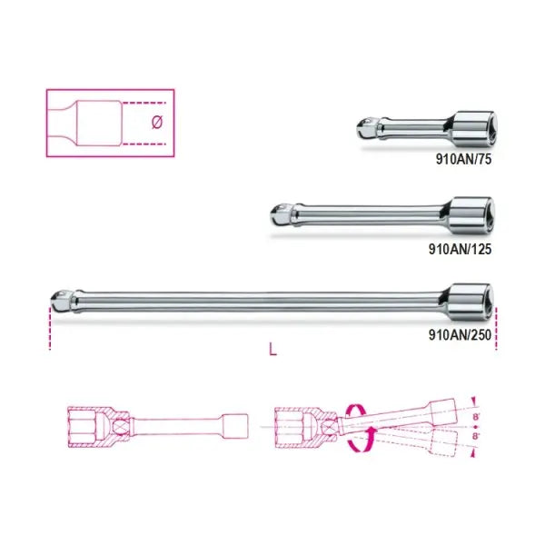 Beta Tools (Article# 910AN/125) 3/8 in Drive Wobble Socket Extension Bar, Chrome-Plated, 125mm - BT 9100828 Beta Tools
