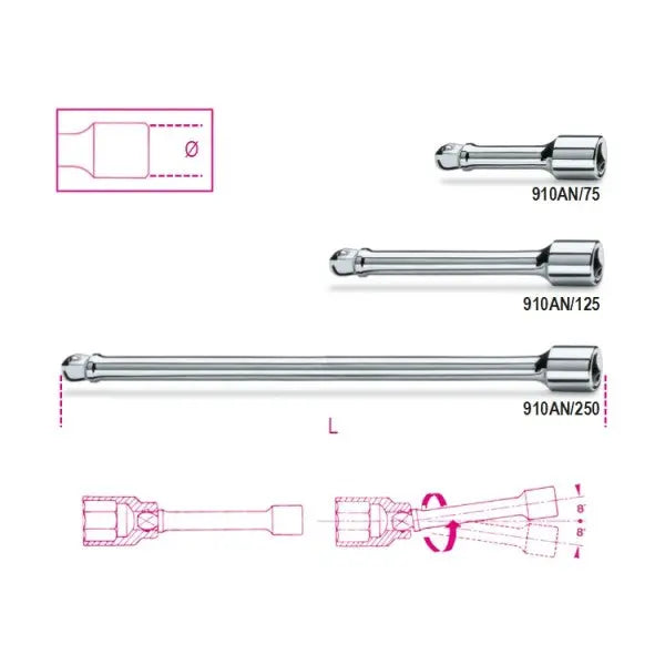 Beta Tools (Article# 910AN/75) 3/8 in Drive Wobble Socket Extension Bar, Chrome-Plated, 75mm - BT 9100827 Beta Tools