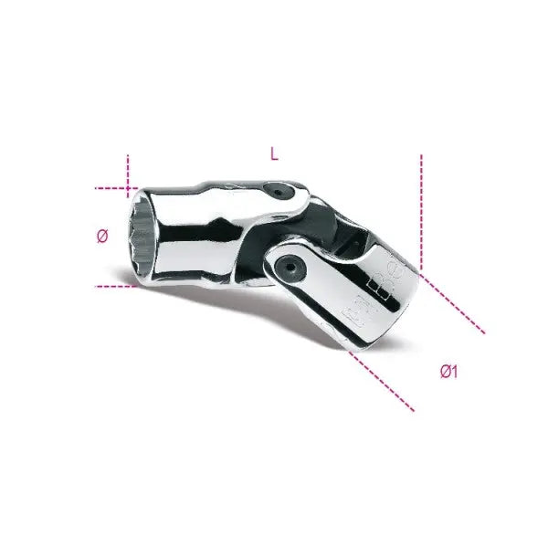 Beta Tools (Article# 910AS-SN 1/2) 1/2 in, Swivel End Bi-Hexagon Hand Socket, 12 Point 3/8 in Drive, Chrome-Plated - BT 9100262 Beta Tools