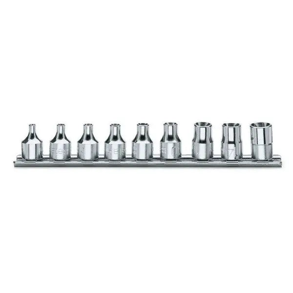 Beta Tools (Article# 910FTX/SB9) Set of 9 3/8 in Drive Torx Hand Sockets on Rail, Chrome-Plated, E4-E16 - BT 9100430 Beta Tools