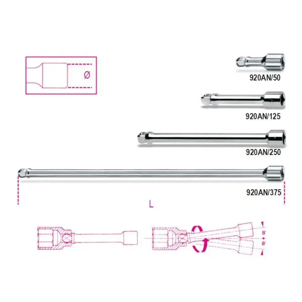 Beta Tools (Article# 920AN/125) 1/2 in Drive Wobble Socket Extension Bar, Chrome-Plated, 125mm - BT 9200834 Beta Tools