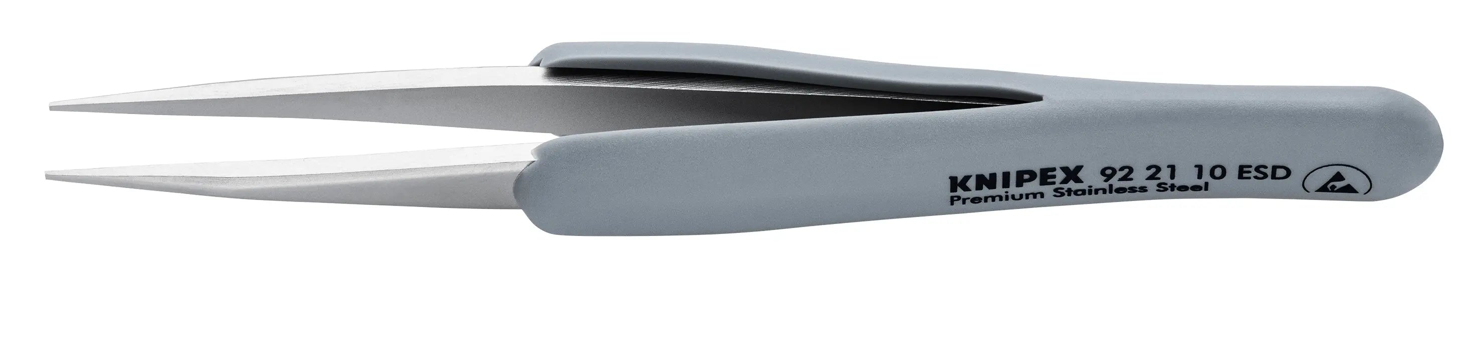 KNIPEX 5 1/4" Premium Stainless Steel Precision Tweezers-Pointed Tips-ESD Rubber Handles - 92 21 10 ESD Tweezers Knipex