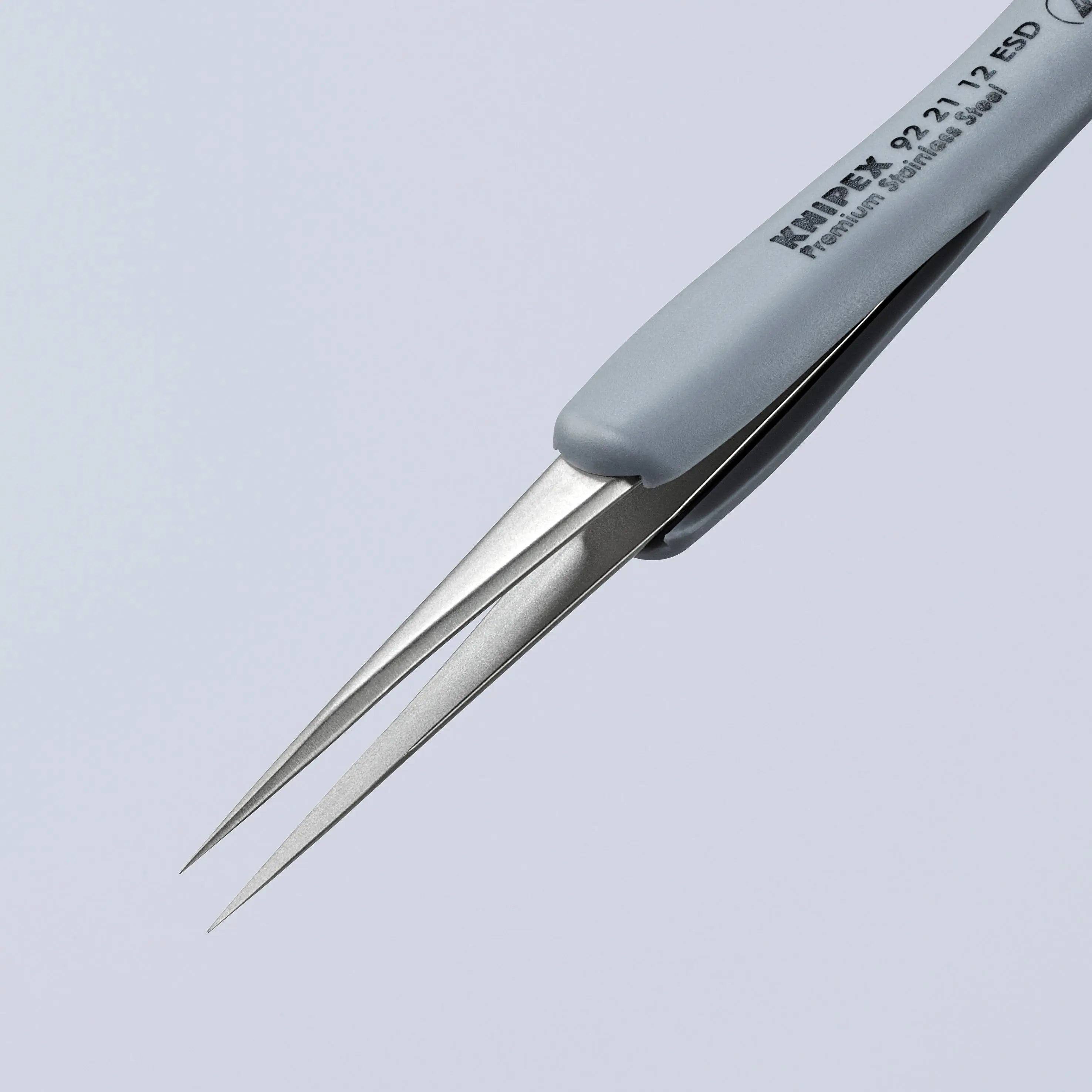 KNIPEX 3 1/2" Premium Stainless Steel Precision Tweezers-Needle-Point Tips-ESD Rubber Handles - 92 21 12 ESD Tweezers Knipex