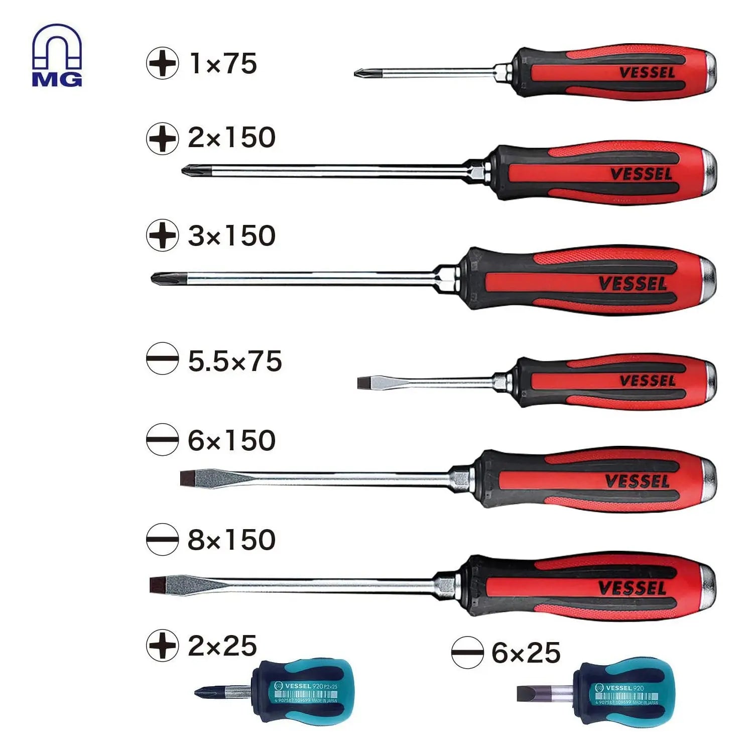 Vessel Tools Set of 8 Megadora Jawsfit Tang-Thru Screwdriver - VL 9308EVA Vessel Tools