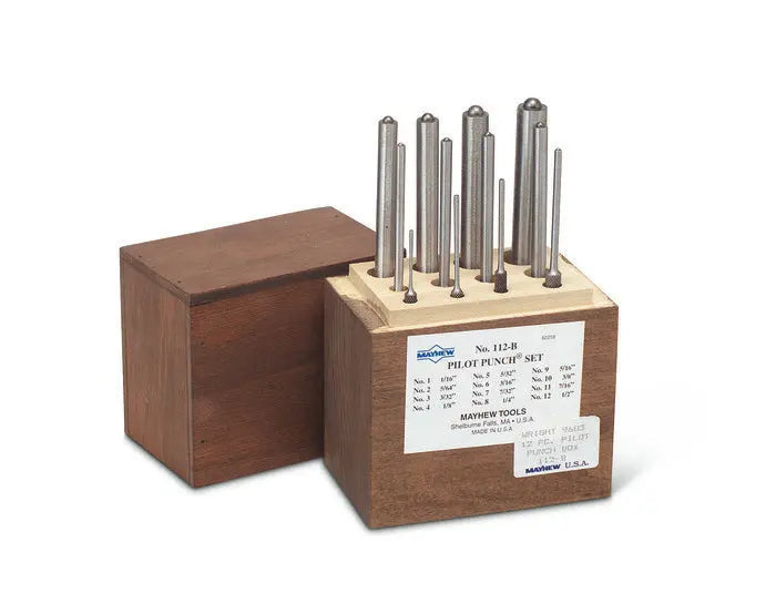 Wright Tool Set of 12 Bench Roll Pin Pilot Punches with Wooden Box, 1/16 in - 1/2 in - WT 9683