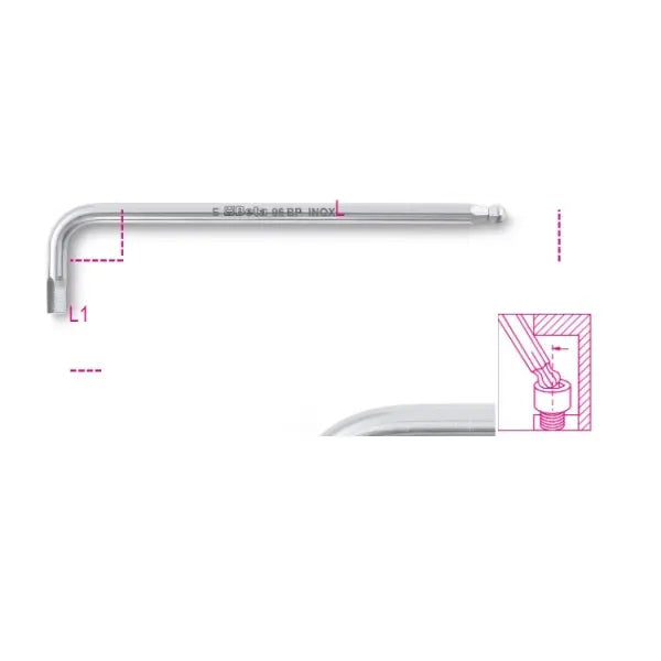 Beta Tools (Article# 96BPINOX 8) 8mm Ball End Offset Hexagon Key, INOX Stainless Steel, 30 deg, Extra Long - BT 961448 Beta Tools