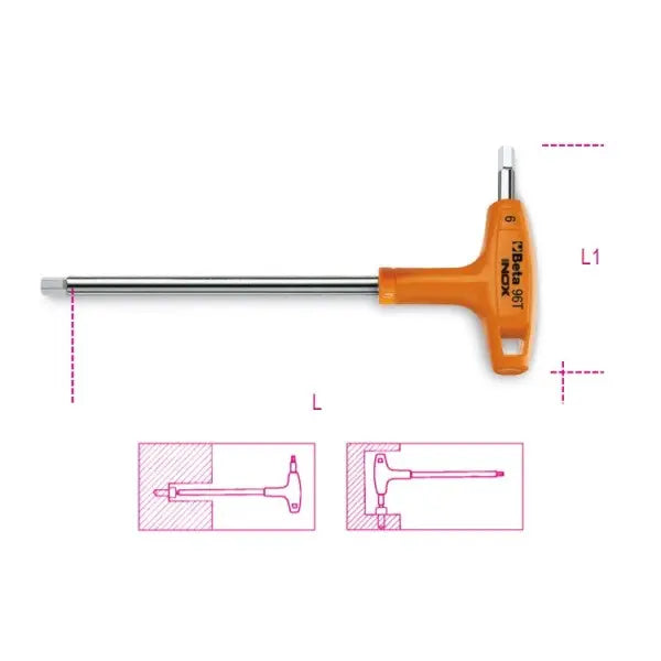 Beta Tools (Article# 96T INOX 3) 3mm Offset Hexagon Key Wrench with High Torque T-Handle, INOX Stainless Steel - BT 961936 Beta Tools