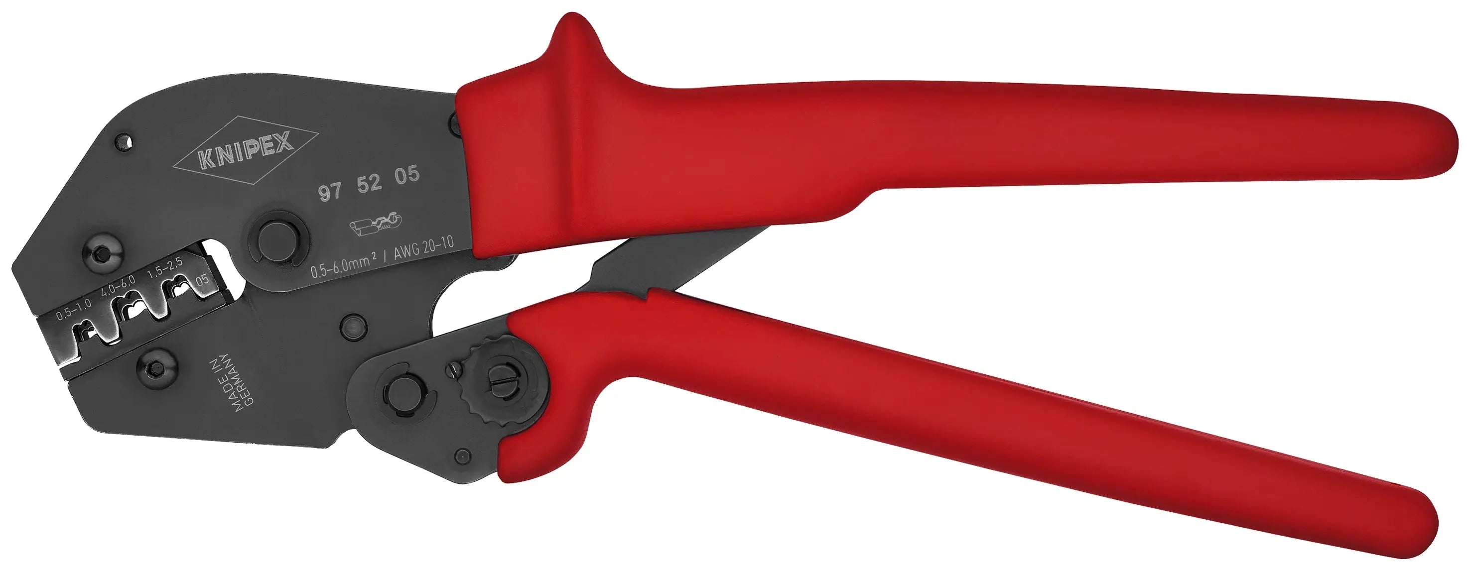 Knipex 97 52 05 KN | 10" Crimping Pliers, 3 Position Contact / Open Plug-Type Connectors (Plug Width 4.8 and 6.3 mm) Knipex