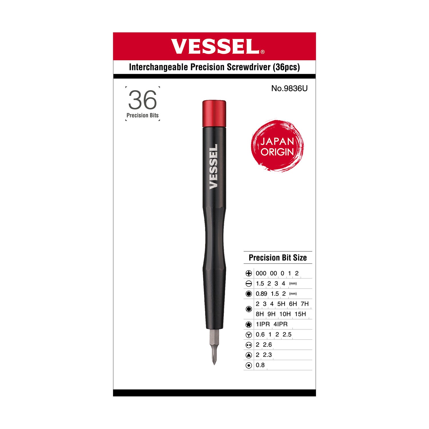 Vessel Tools Interchangeable Precision Screwdriver with 36 Piece Bits - VL 9836U