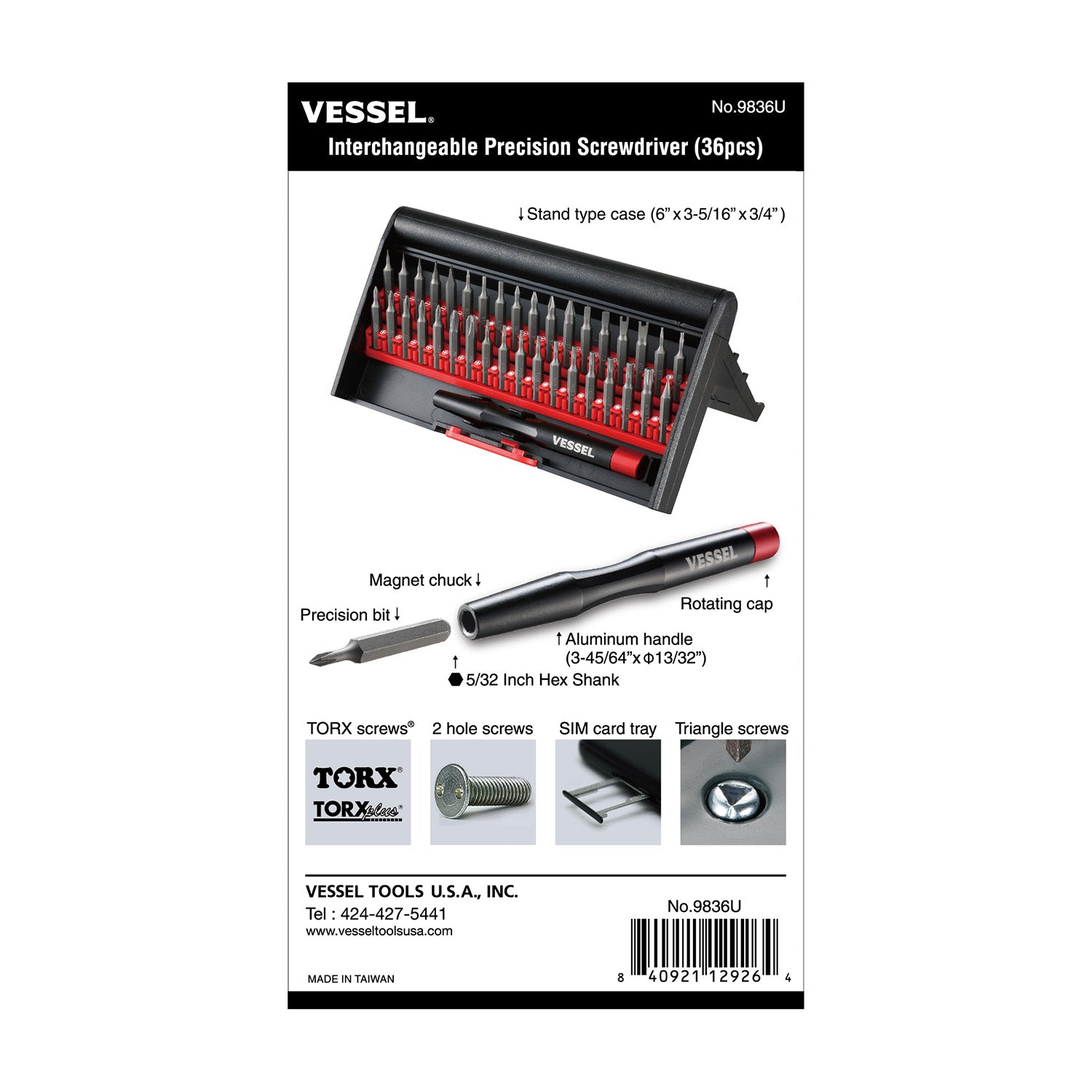 Vessel Tools Interchangeable Precision Screwdriver with 36 Piece Bits - VL 9836U