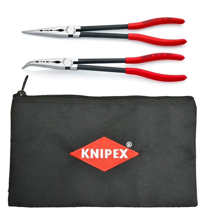 Knipex 9K 00 80 128 US KN | 2 Pc Extra Long Needle Nose Pliers Set w/ Keeper Pouch (28 71 280, 28 81 280 and 9K 00 90 12 US) Knipex