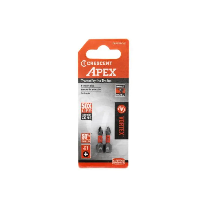 CRESCENT Set of 2 Phillips Vortex Impact Power Bit, PH1 x 1 in - GW CAVB1PH1-2 Power Bit Set CRESCENT