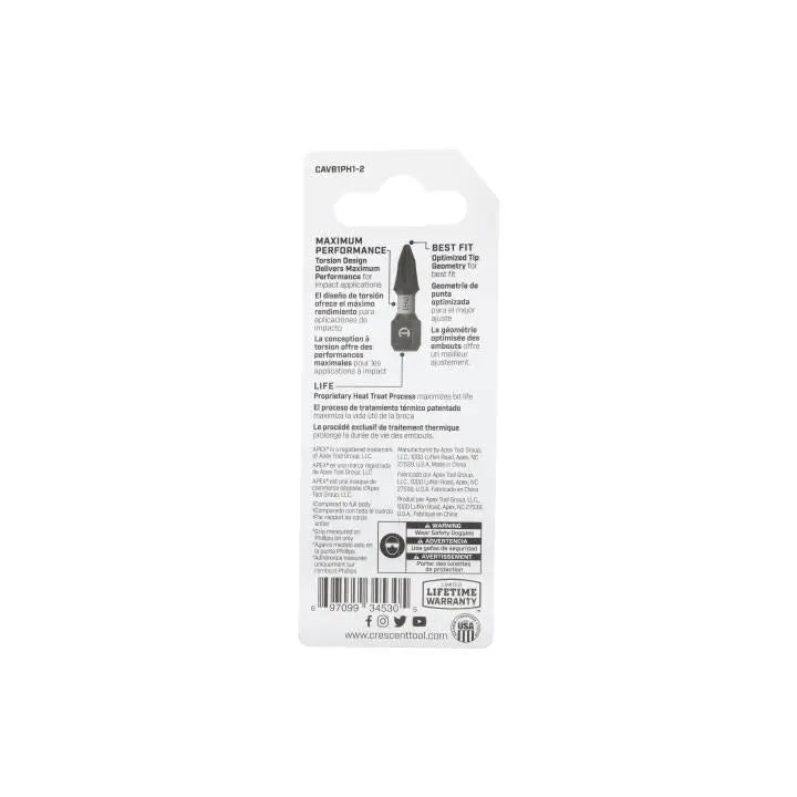 CRESCENT Set of 2 Phillips Vortex Impact Power Bit, PH1 x 1 in - GW CAVB1PH1-2 Power Bit Set CRESCENT