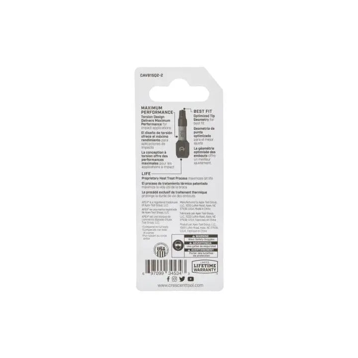 CRESCENT Set of 2 Square Vortex Impact Power Bit, PH2 x 1 in - GW CAVB1SQ2-2 Power Bit Set CRESCENT