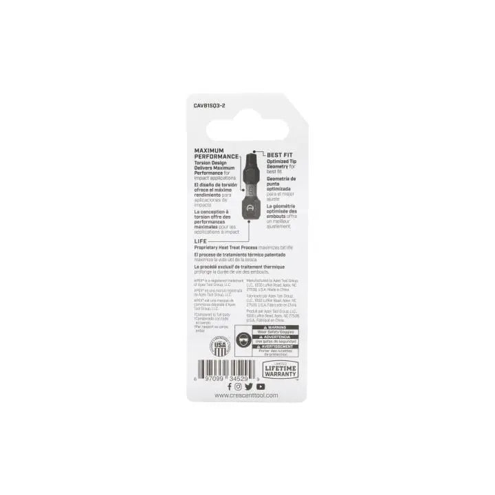 CRESCENT Set of 2 Square Vortex Impact Power Bit, PH3 x 1 in - GW CAVB1SQ3-2 Power Bit Set CRESCENT