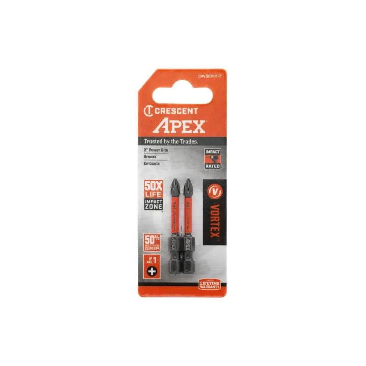 CRESCENT Set of 2 Phillips Vortex Impact Power Bit, PH1 x 2 in - GW CAVB2PH1-2 Power Bit Set CRESCENT