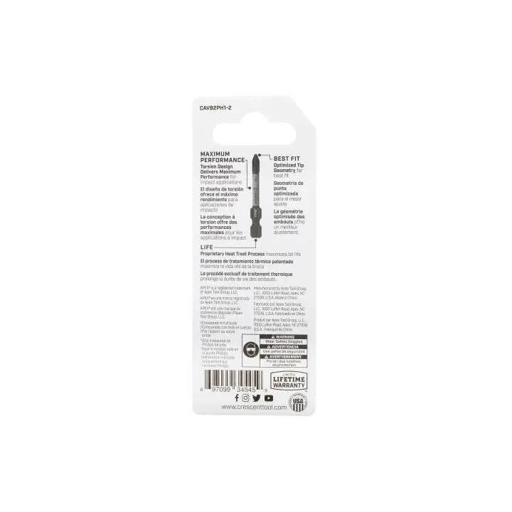CRESCENT Set of 2 Phillips Vortex Impact Power Bit, PH1 x 2 in - GW CAVB2PH1-2 Power Bit Set CRESCENT