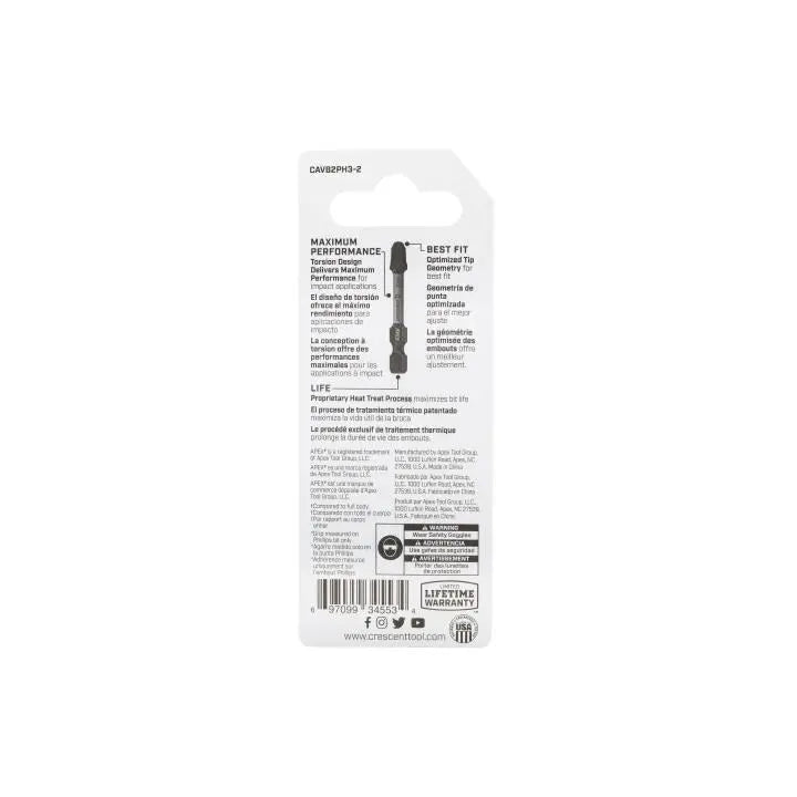 CRESCENT Set of 2 Phillips Vortex Impact Power Bit, PH3 x 2 in - GW CAVB2PH3-2 Power Bit Set CRESCENT
