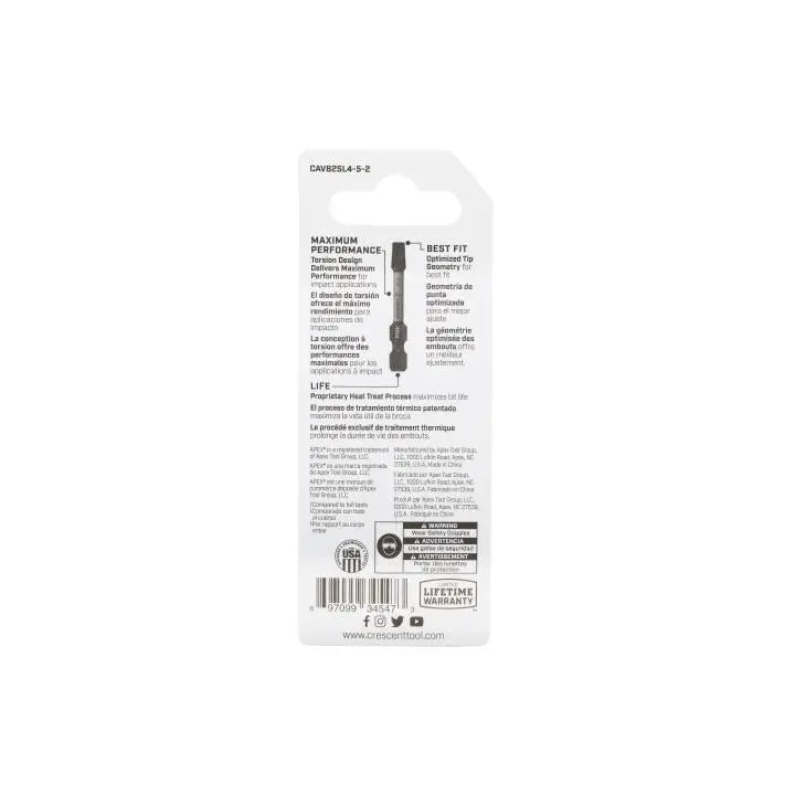 CRESCENT Set of 2 Slotted Vortex Impact Power Bit, 4 - 5 x 2 in - GW CAVB2SL4-5-2 Power Bit Set CRESCENT
