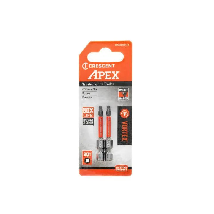 CRESCENT Set of 2 Square Vortex Impact Power Bit, PH1 x 2 in - GW CAVB2SQ1-2 Power Bit Set CRESCENT