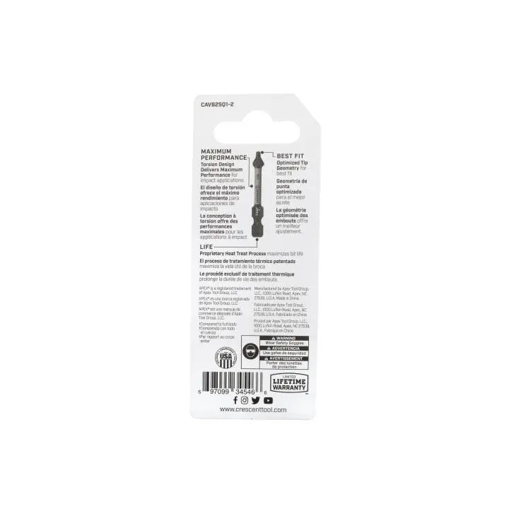 CRESCENT Set of 2 Square Vortex Impact Power Bit, PH1 x 2 in - GW CAVB2SQ1-2 Power Bit Set CRESCENT