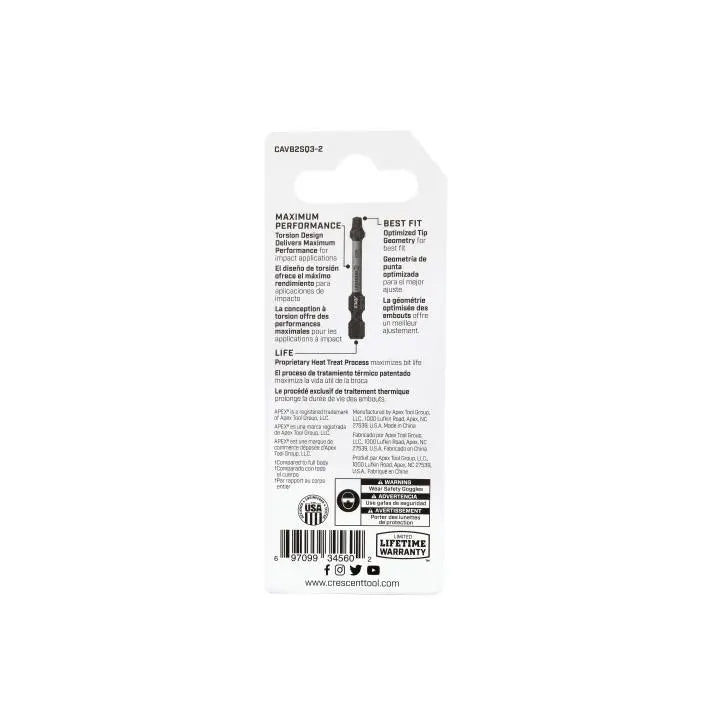 CRESCENT Set of 2 Square Vortex Impact Power Bit, PH3 x 2 in - GW CAVB2SQ3-2 Power Bit Set CRESCENT
