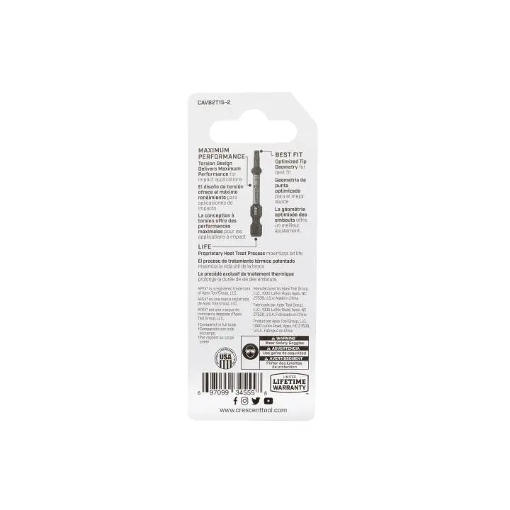 CRESCENT Set of 2 Torx Vortex Impact Power Bit, T15 x 2 in - GW CAVB2T15-2 Power Bit Set CRESCENT