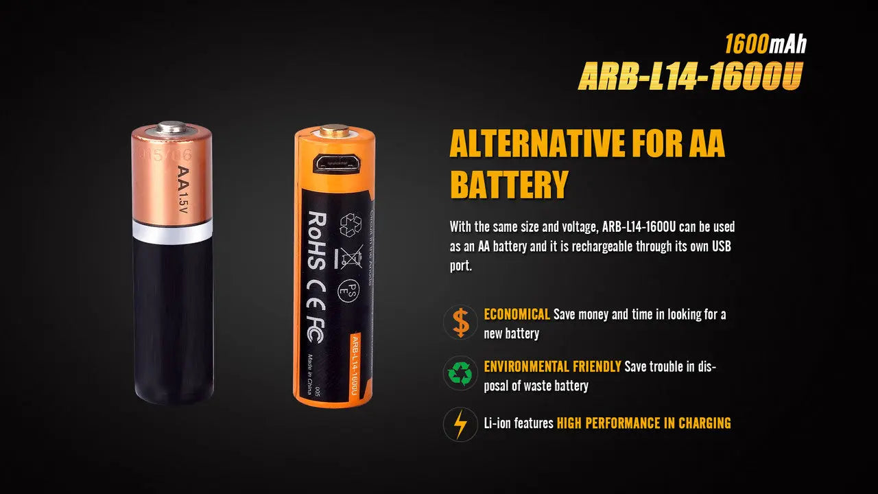 Fenix 14500 USB Rechargeable Battery, 1600mAh - F FX-ARBL141600U Fenix