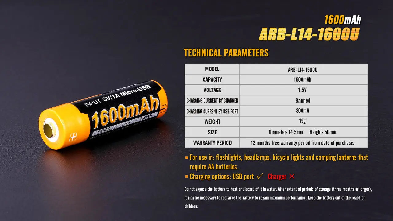 Fenix 14500 USB Rechargeable Battery, 1600mAh - F FX-ARBL141600U Fenix