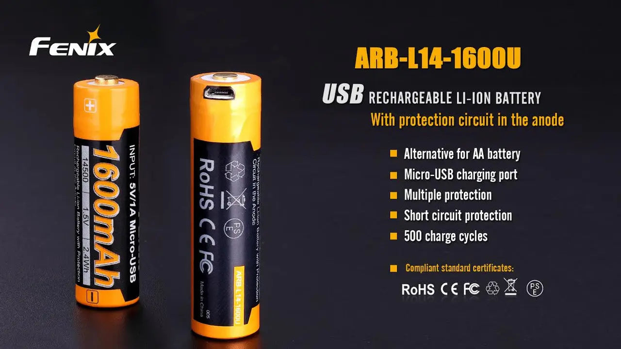Fenix 14500 USB Rechargeable Battery, 1600mAh - F FX-ARBL141600U Fenix