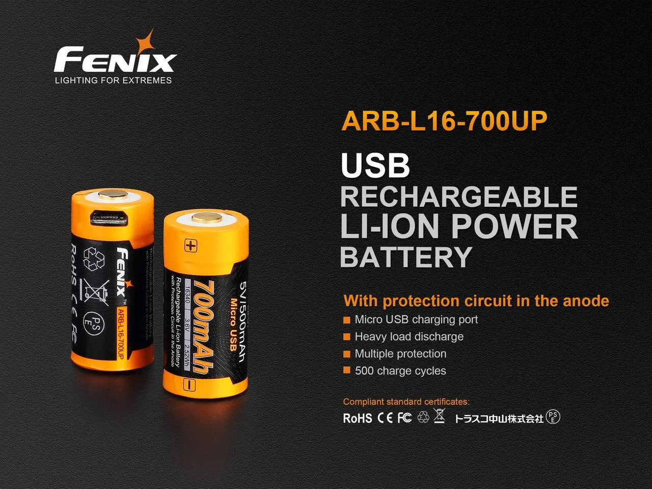Fenix 16340 USB Rechargeable Battery, 700mAh - F FX-ARBL16700UP Fenix