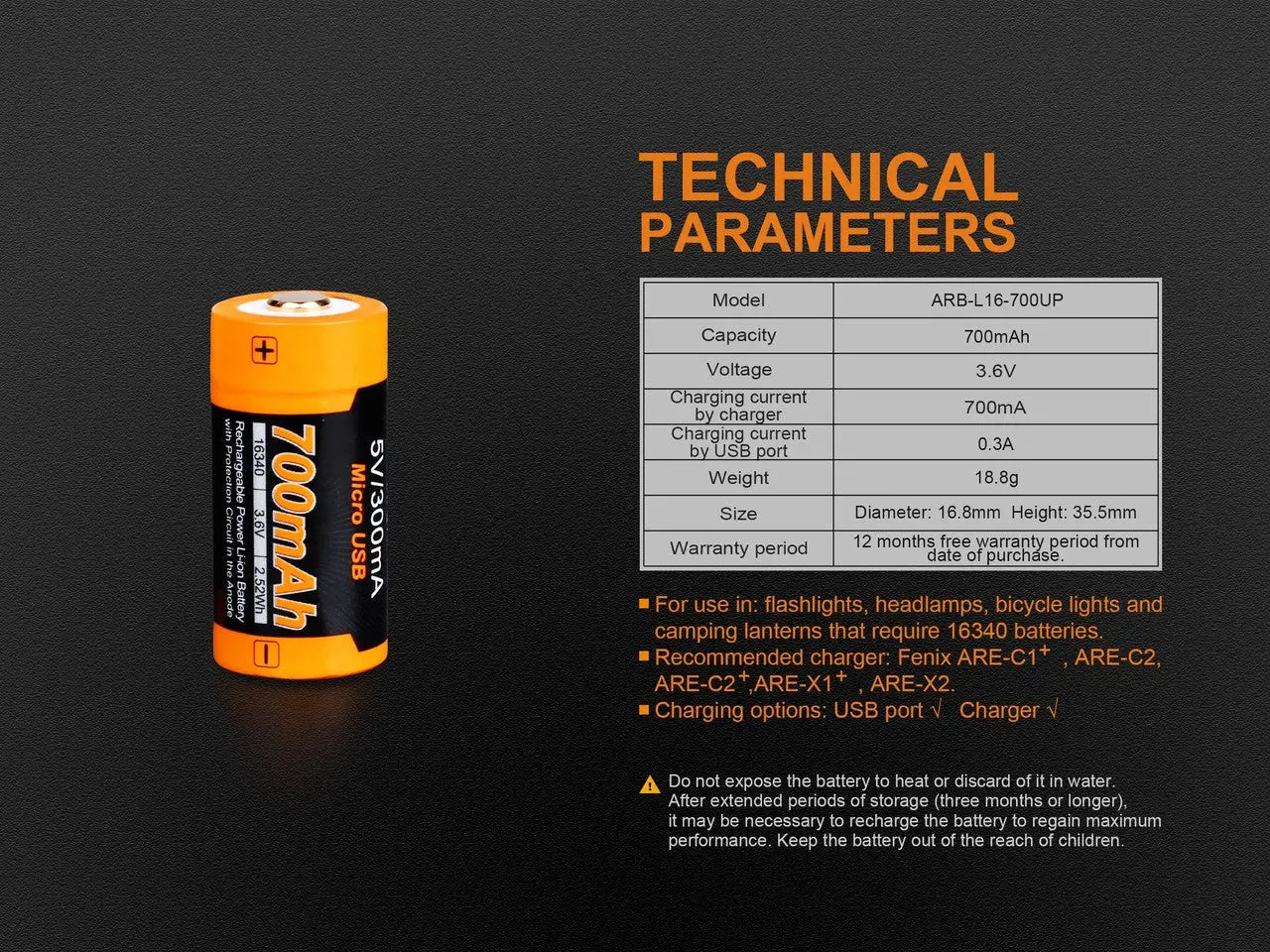 Fenix 16340 USB Rechargeable Battery, 700mAh - F FX-ARBL16700UP Fenix