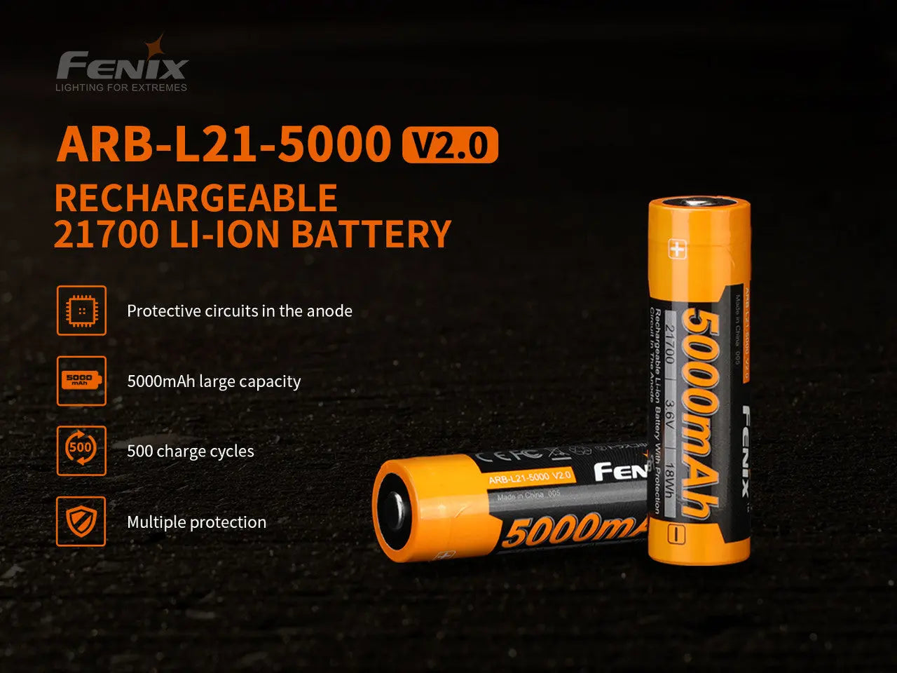 Fenix 21700 Rechargeable Battery, 5000mAh - F FX-ARBL215000v2 Fenix